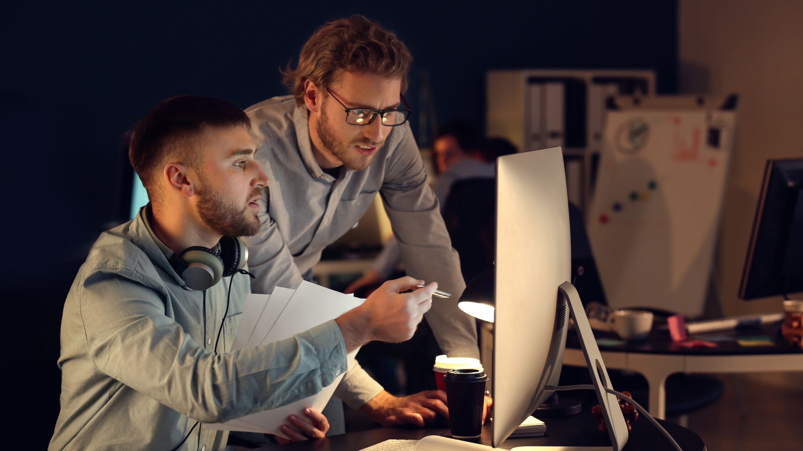 Two IT professionals reviewing information on a computer and discussing project details during a business meeting