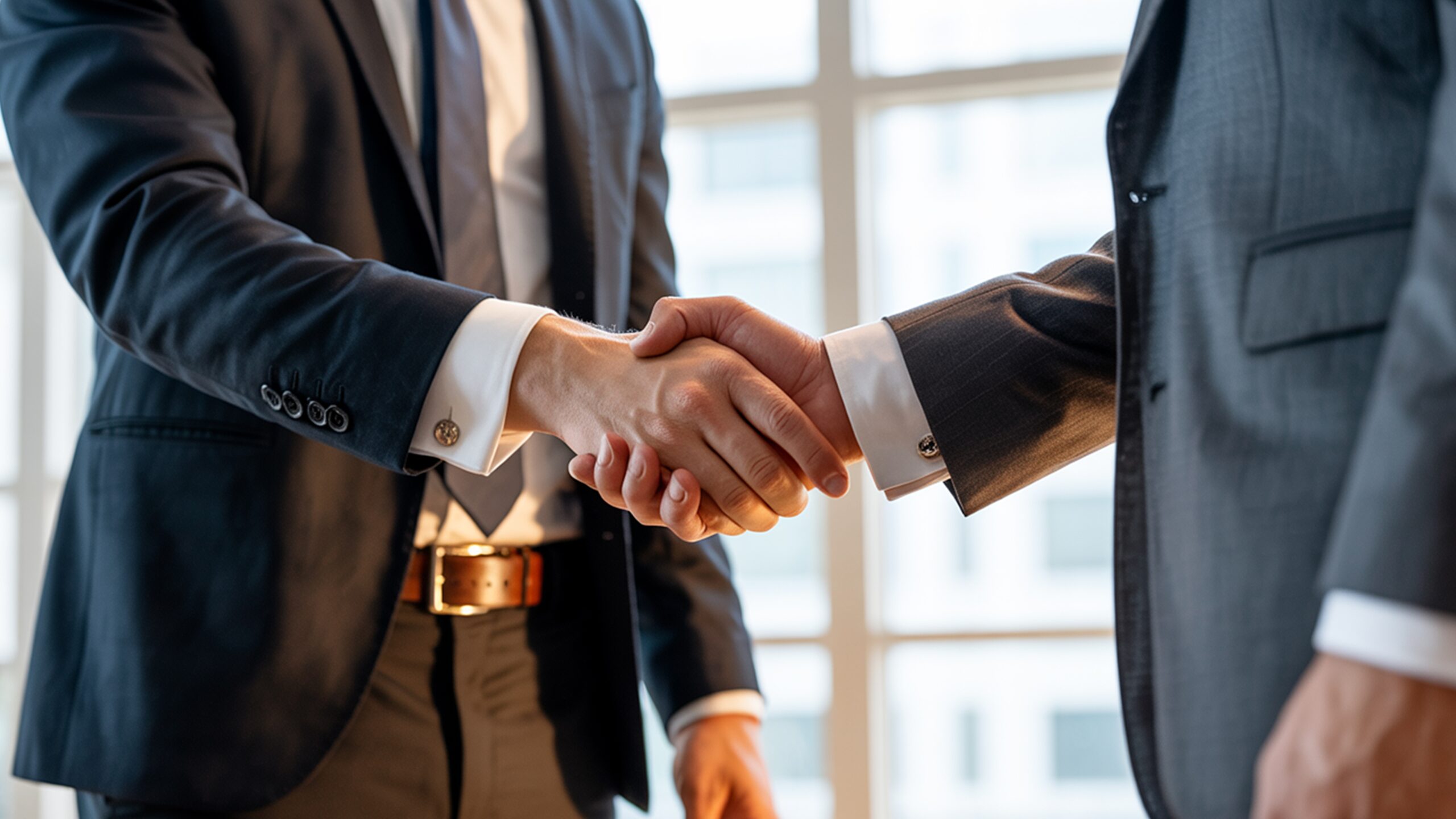 Two business professionals in suits shaking hands after a successful meeting
